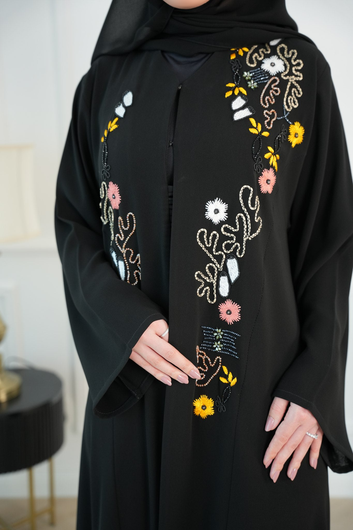 Layla Black Embroidered Abaya with matching sheila — Adara made-to-order abaya