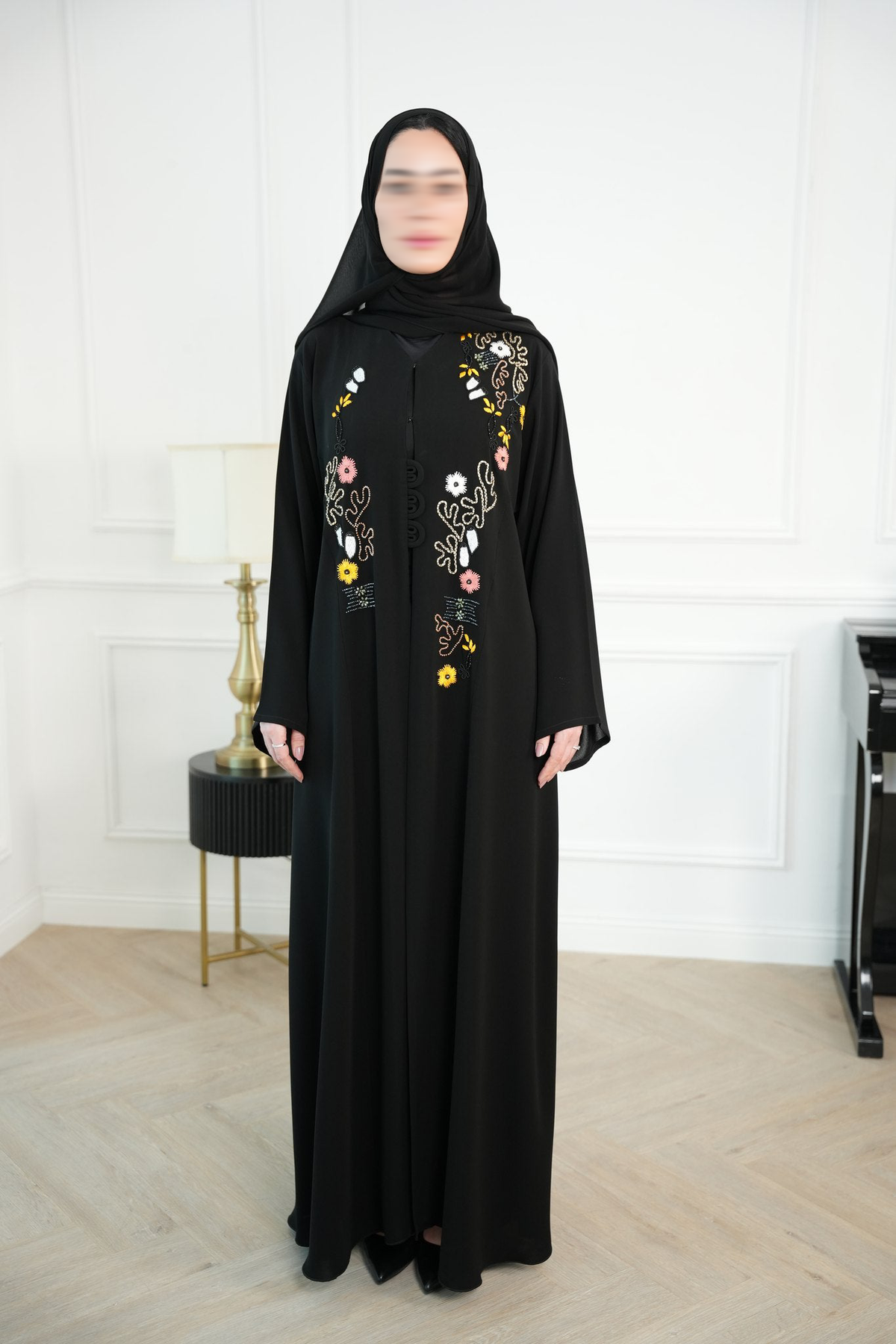 Layla Black Embroidered Abaya with matching sheila — Adara made-to-order abaya