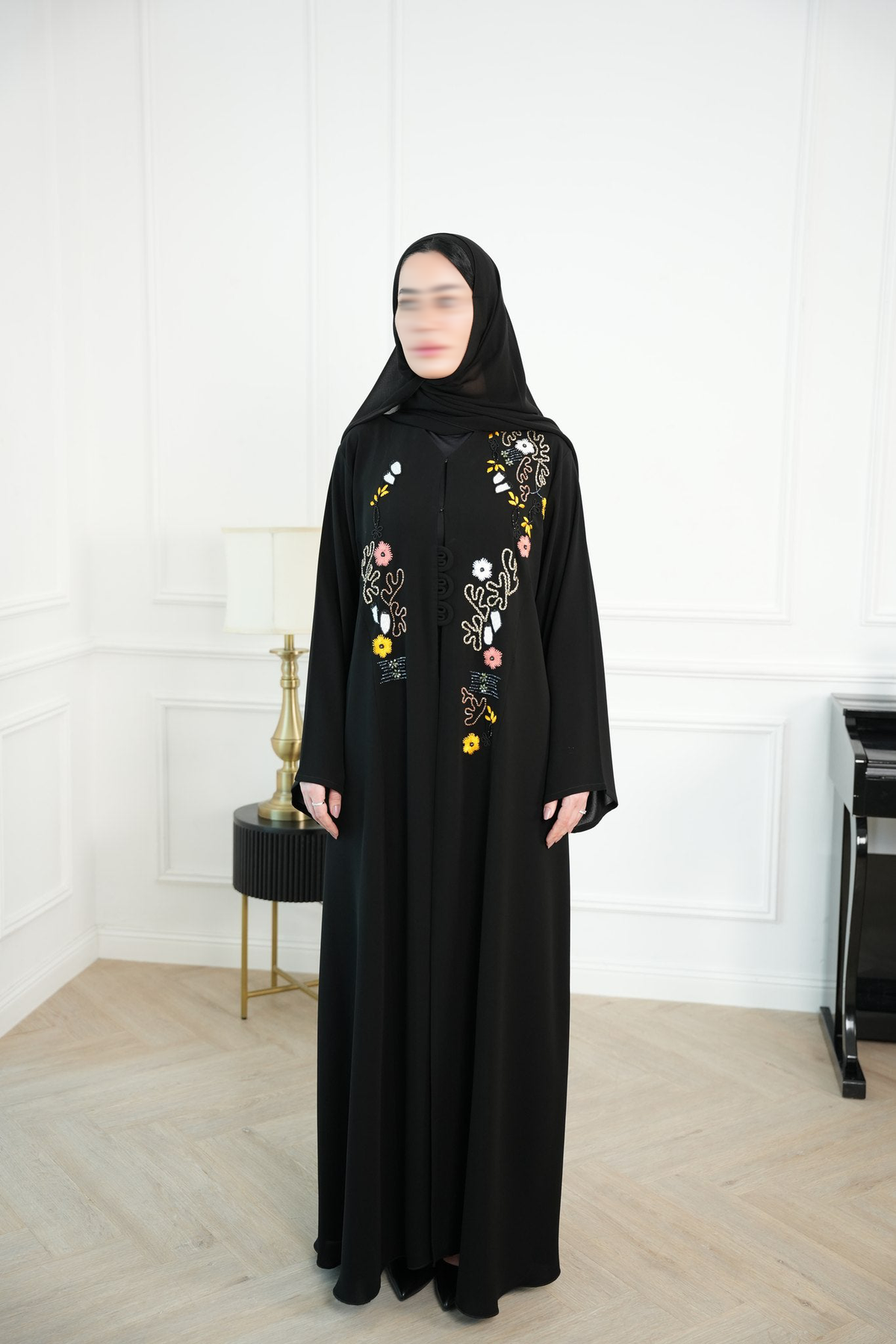 Layla Black Embroidered Abaya with matching sheila — Adara made-to-order abaya