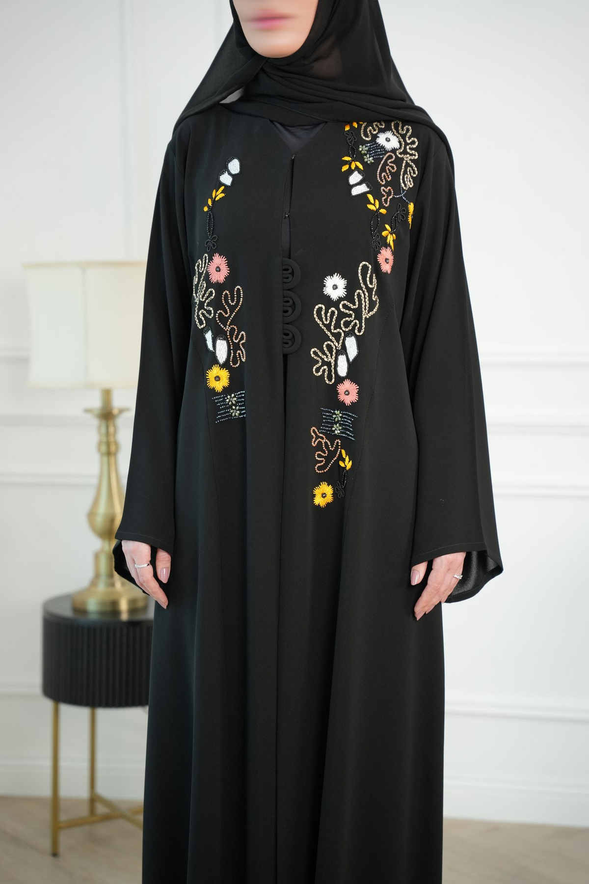 Layla Black Embroidered Abaya with matching sheila — Adara made-to-order abaya