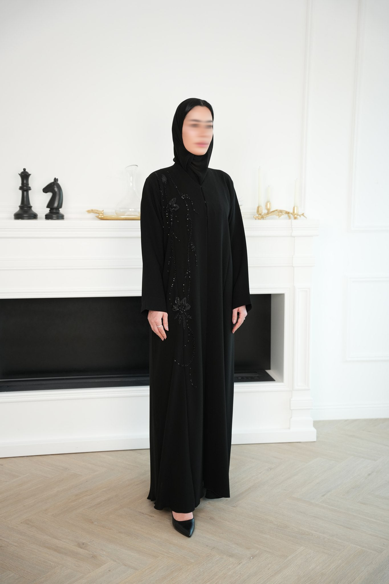 Noir Black Embroidered Abaya with matching sheila — Adara made-to-order abaya