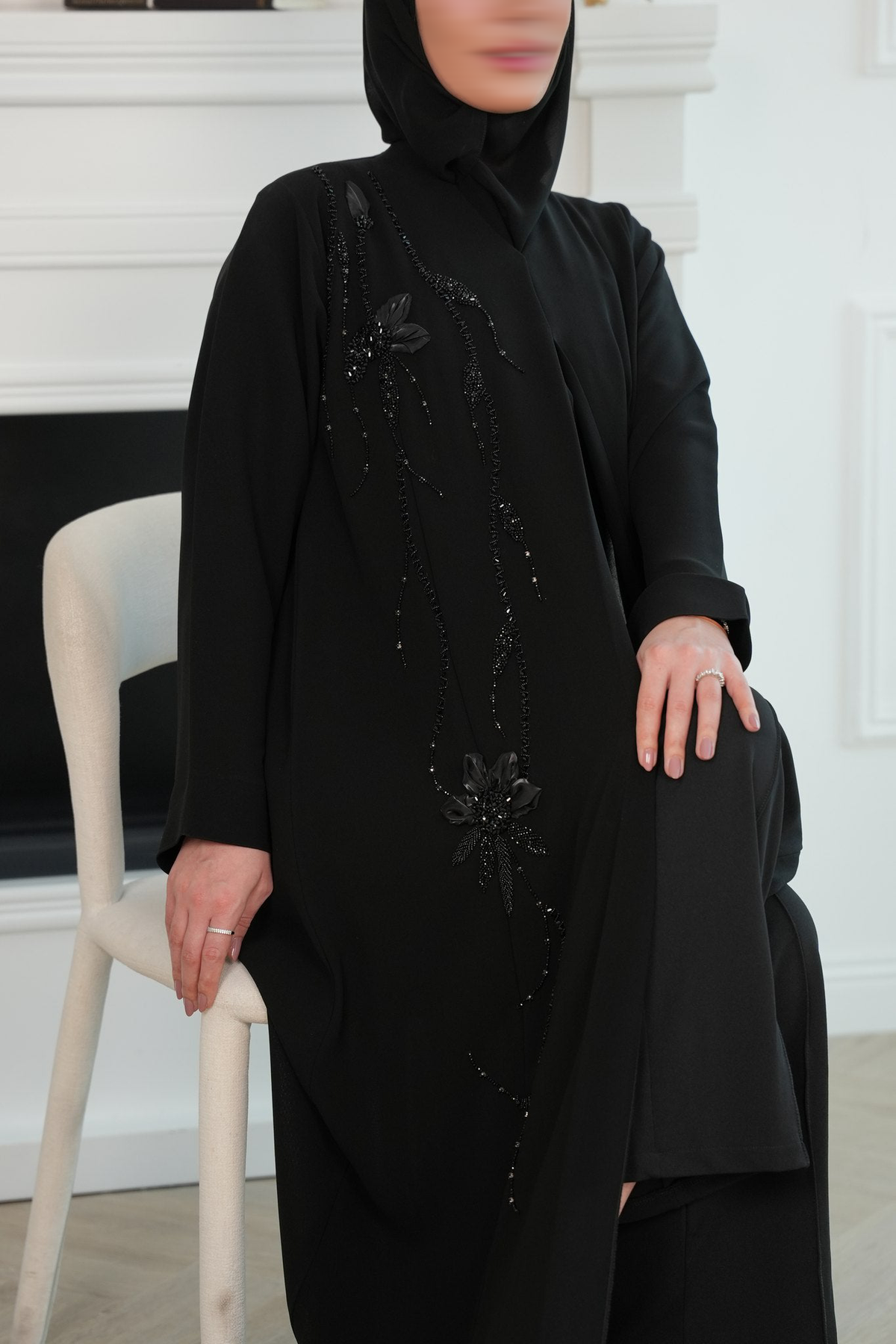 Noir Black Embroidered Abaya with matching sheila — Adara made-to-order abaya