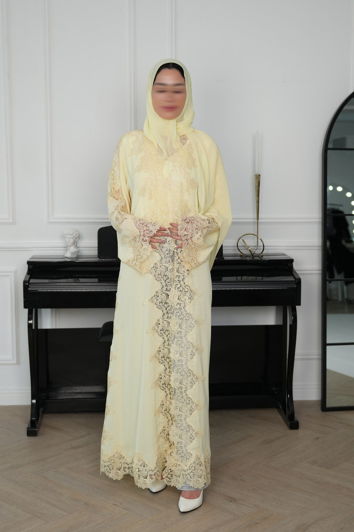 Lemon Drop Butter Yellow Lace Abaya with matching sheila — Adara made-to-order abaya