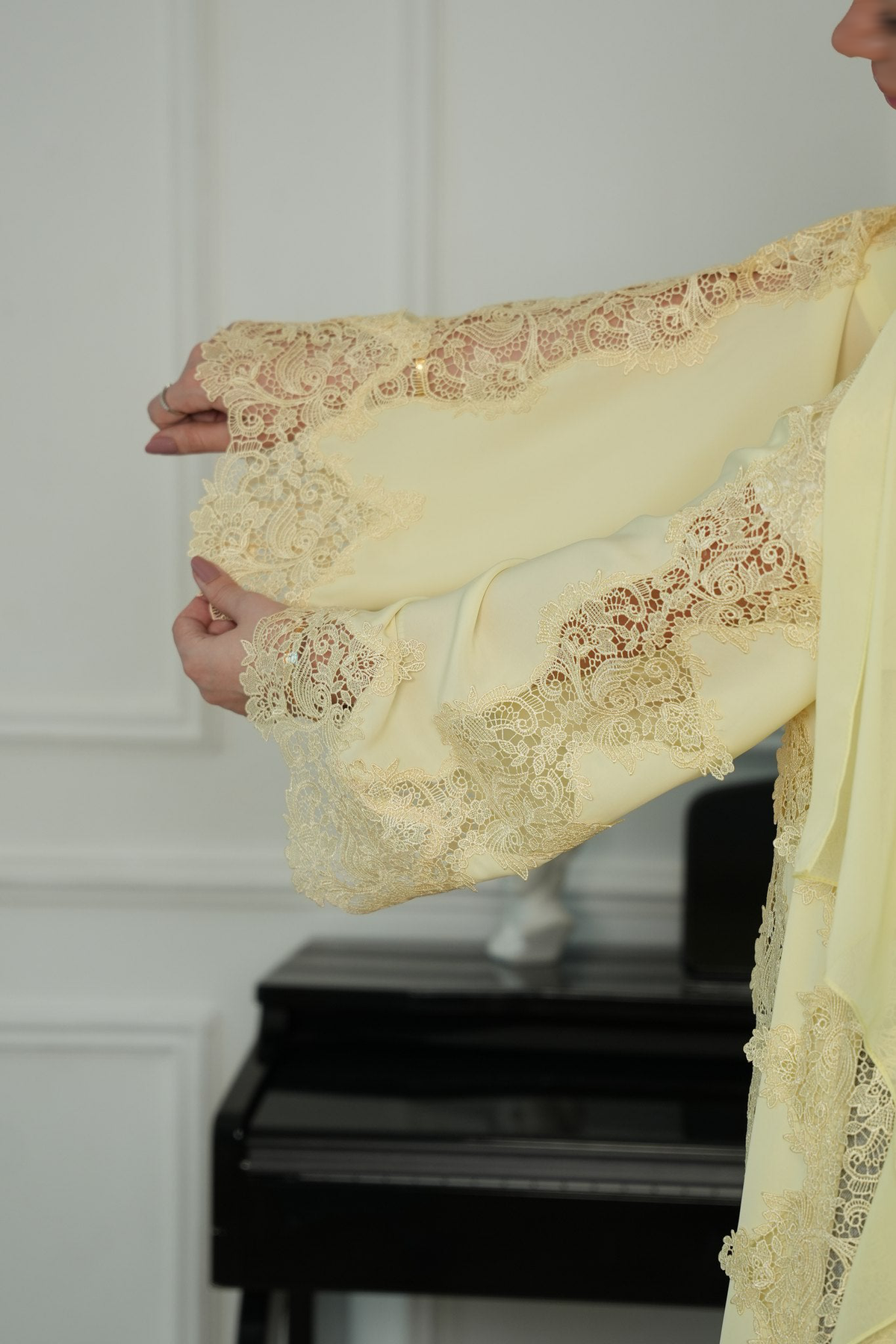 Lemon Drop Butter Yellow Lace Abaya with matching sheila — Adara made-to-order abaya