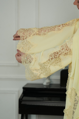 Lemon Drop Butter Yellow Lace Abaya with matching sheila — Adara made-to-order abaya