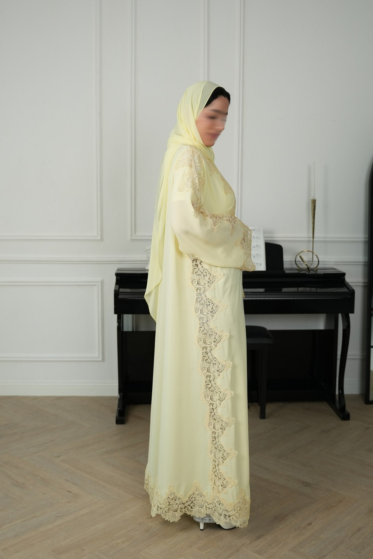 Lemon Drop Butter Yellow Lace Abaya with matching sheila — Adara made-to-order abaya