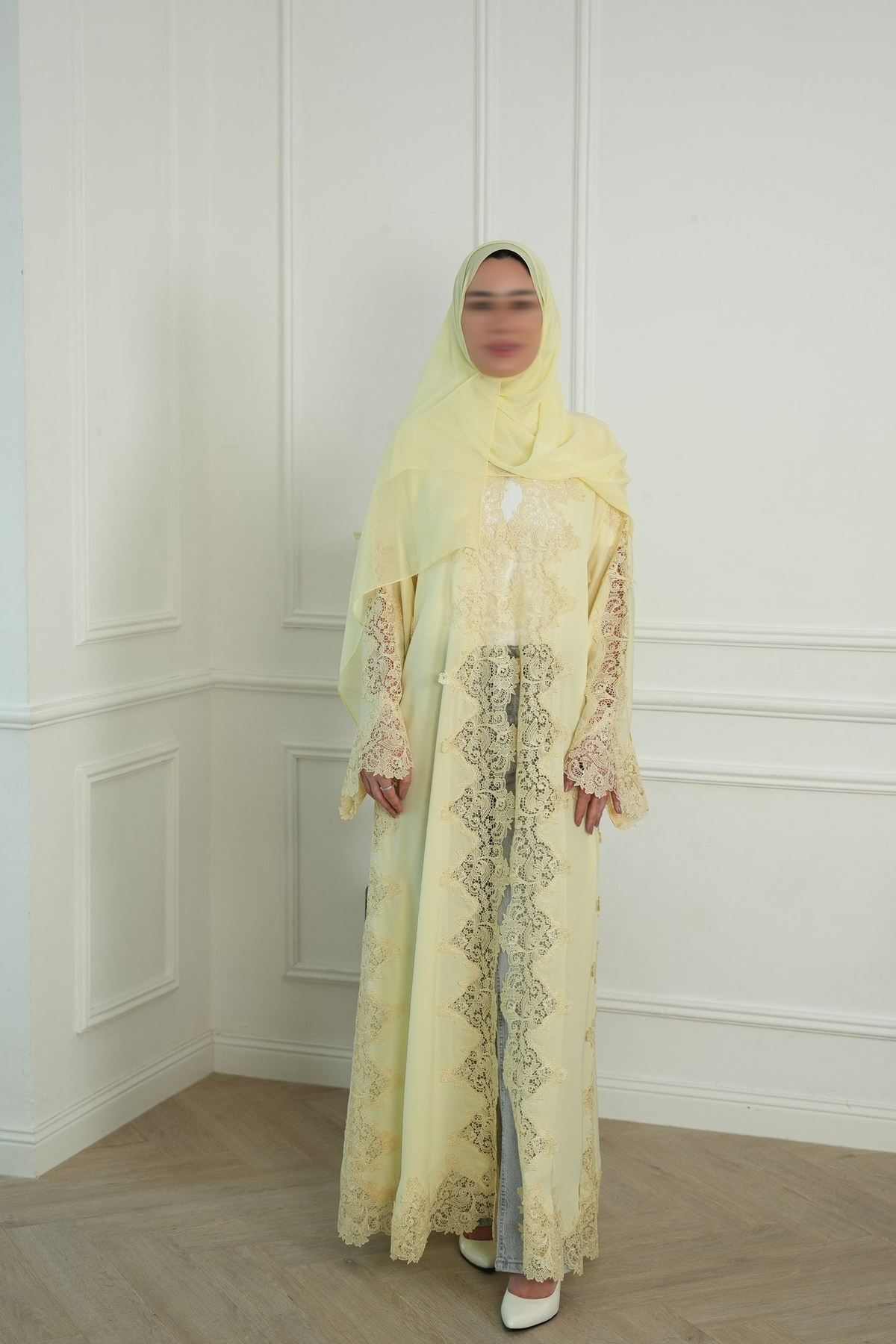 Lemon Drop Butter Yellow Lace Abaya with matching sheila — Adara made-to-order abaya