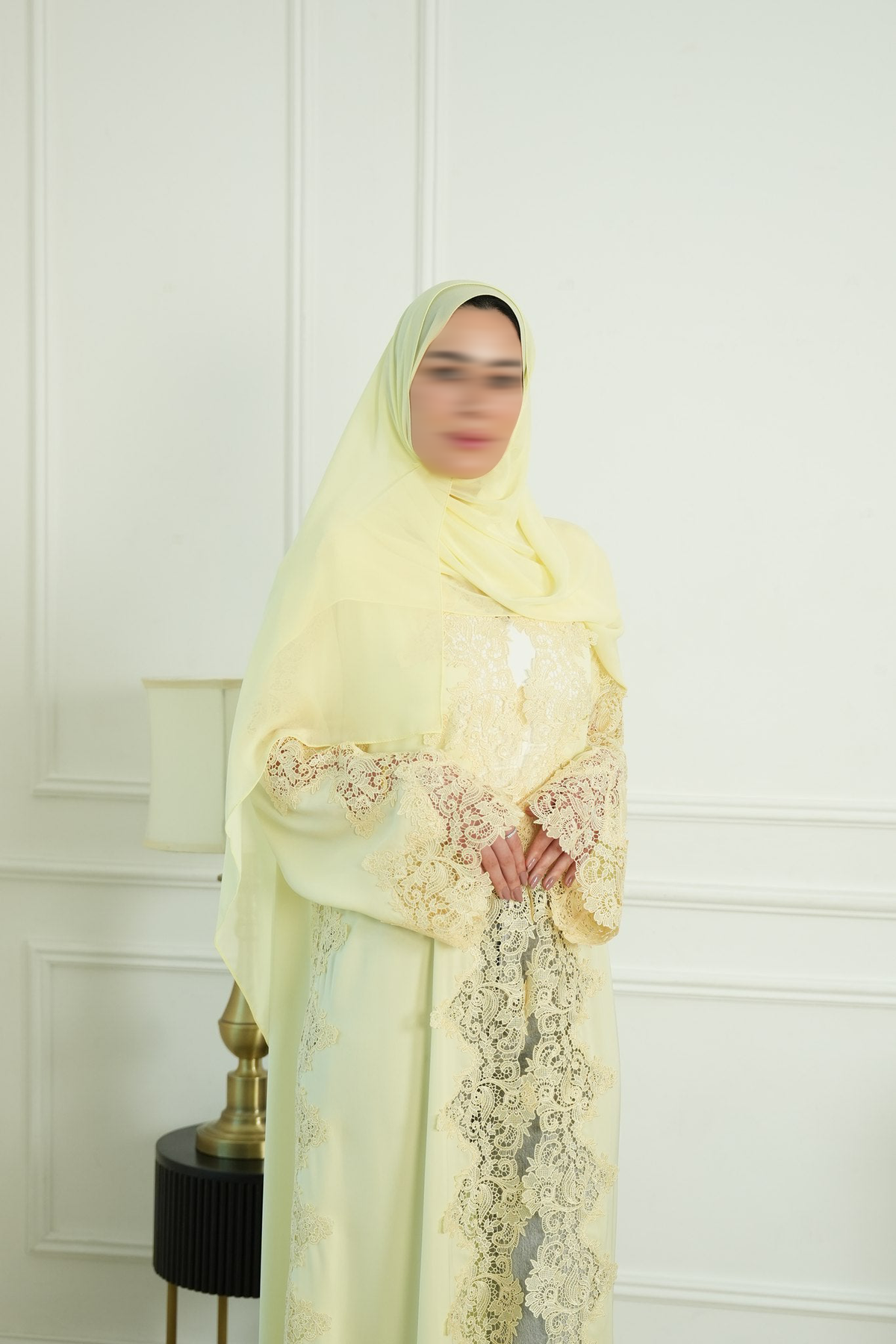 Lemon Drop Butter Yellow Lace Abaya with matching sheila — Adara made-to-order abaya
