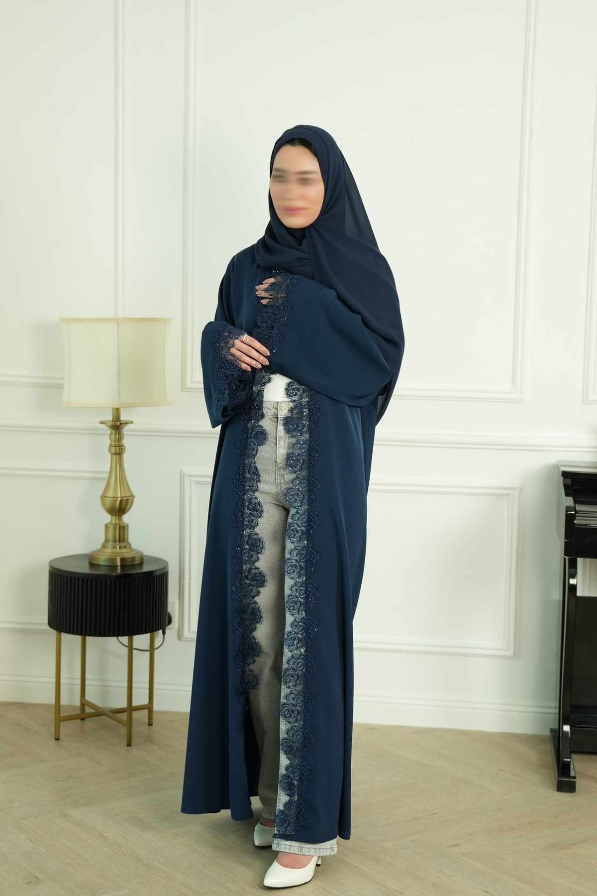 Mira Navy Lace Abaya with matching sheila — Adara made-to-order abaya