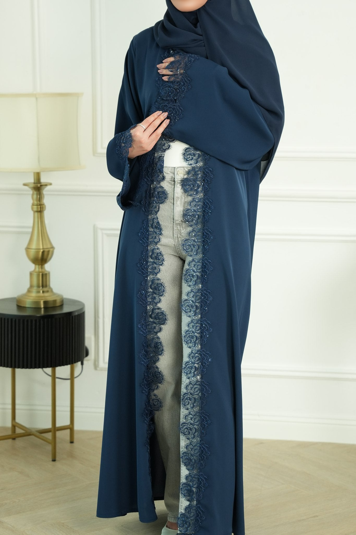 Mira Navy Lace Abaya with matching sheila — Adara made-to-order abaya