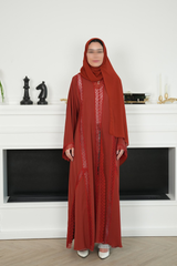 Léna Terracotta Red Lace Abaya with matching sheila — Adara made-to-order abaya
