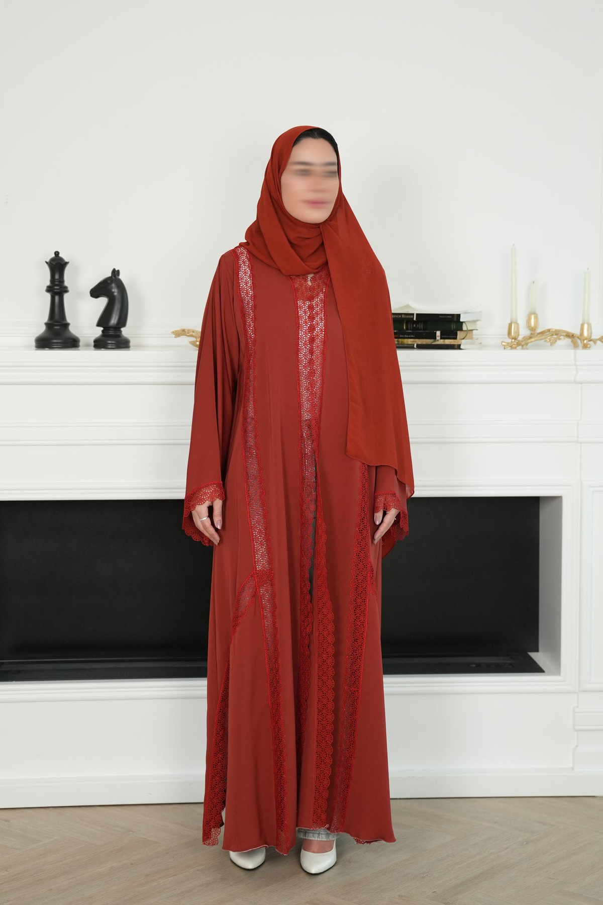 Léna Terracotta Red Lace Abaya with matching sheila — Adara made-to-order abaya
