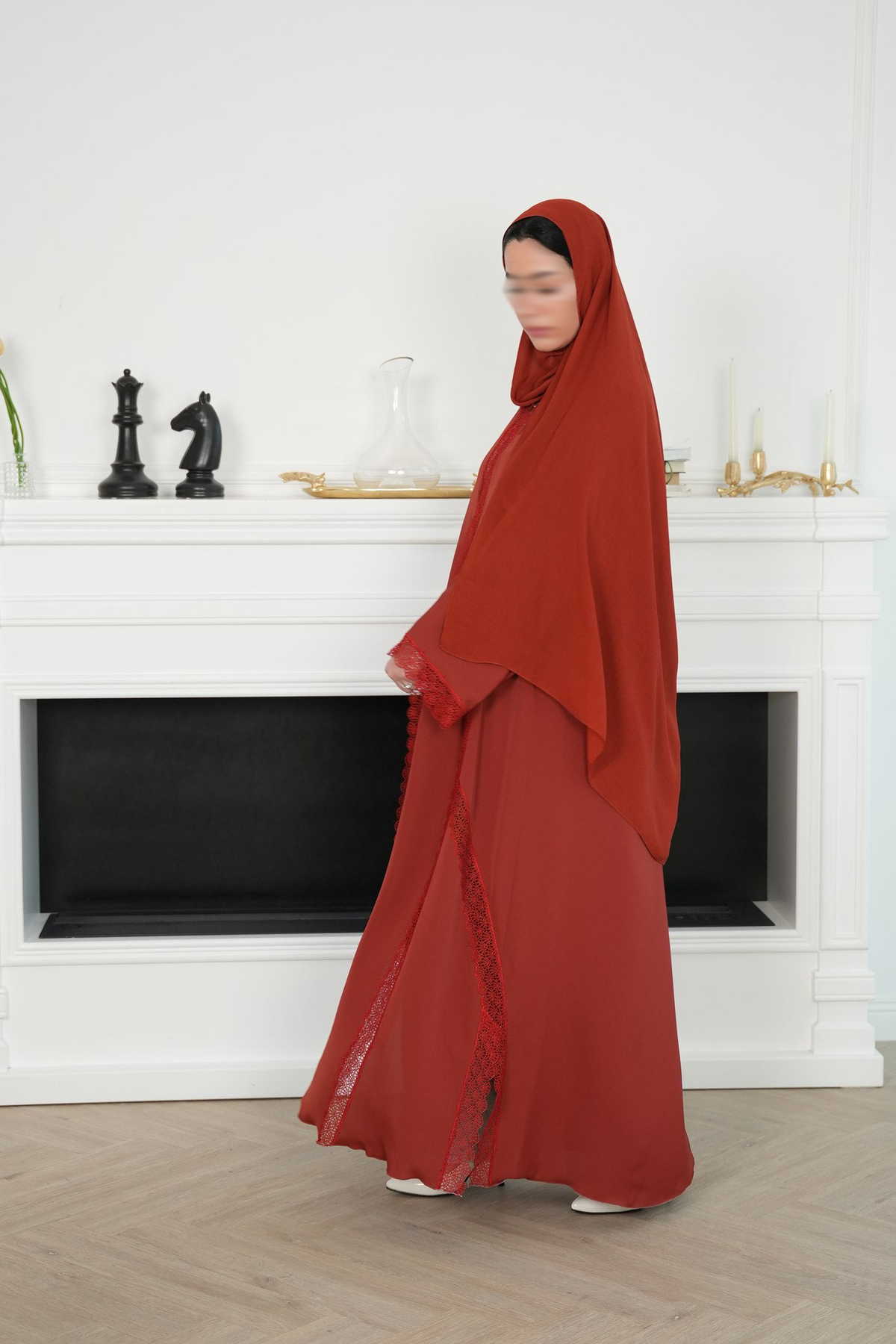 Léna Terracotta Red Lace Abaya with matching sheila — Adara made-to-order abaya