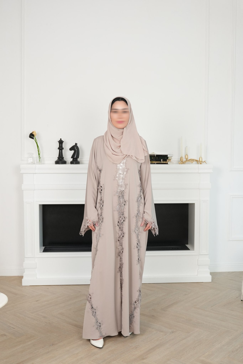 Eira Light Neutral Lace Abaya with matching sheila — Adara made-to-order abaya