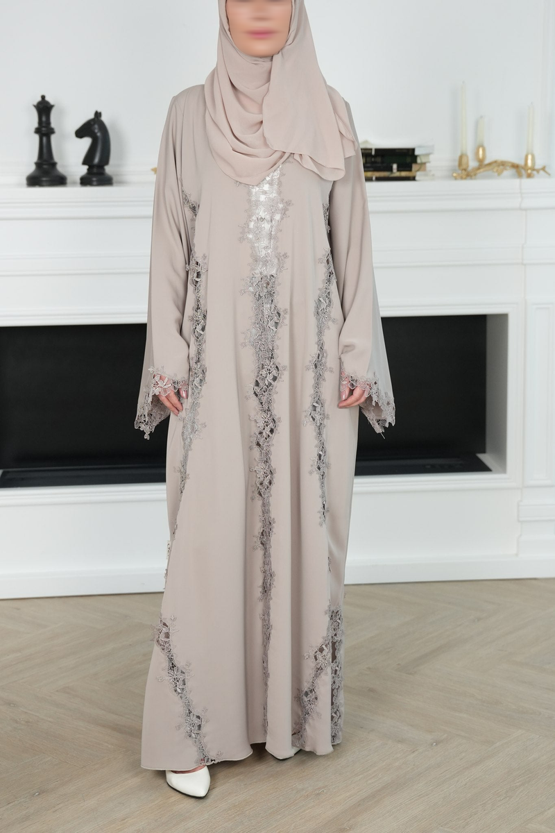 Eira Light Neutral Lace Abaya with matching sheila — Adara made-to-order abaya