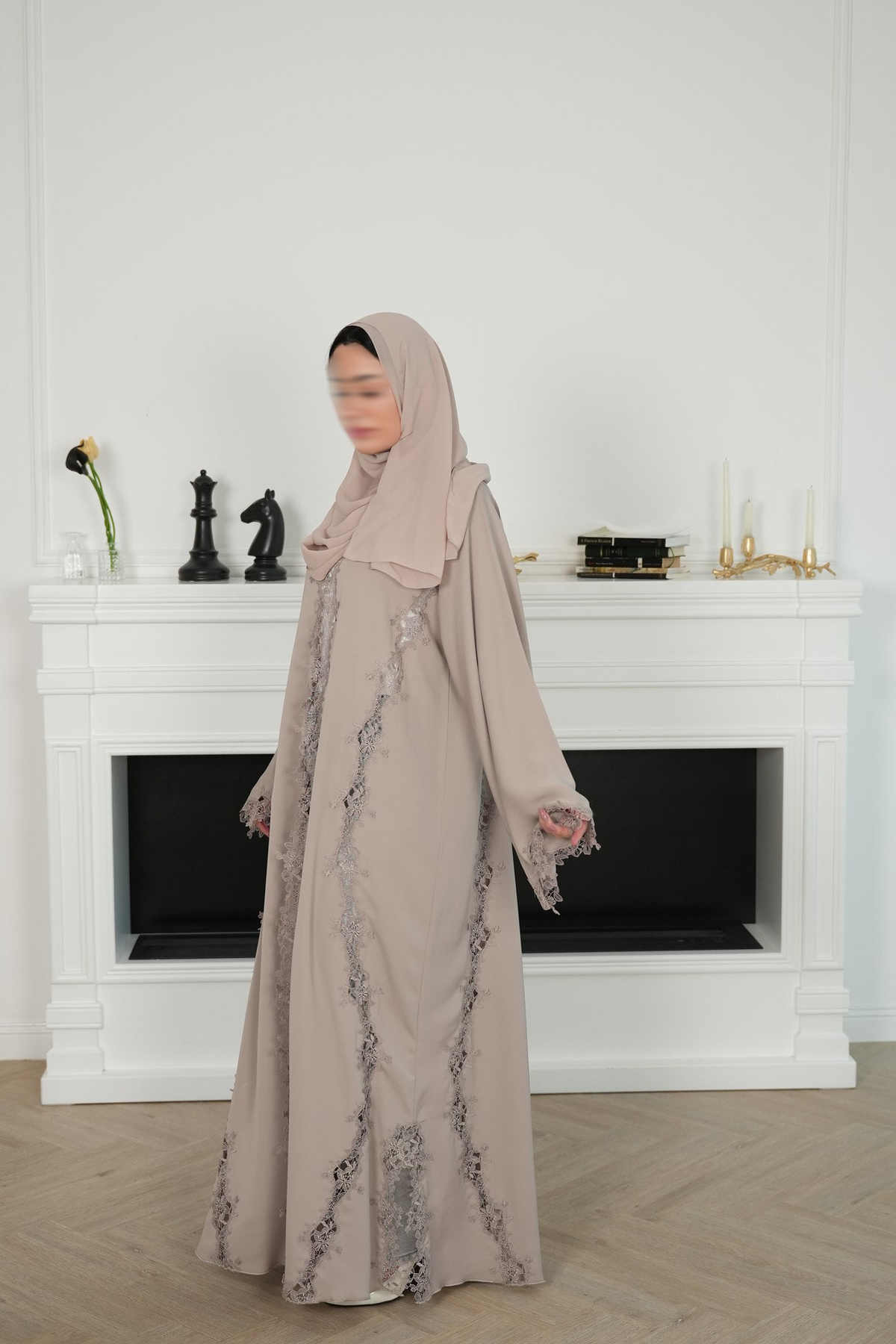 Eira Light Neutral Lace Abaya with matching sheila — Adara made-to-order abaya