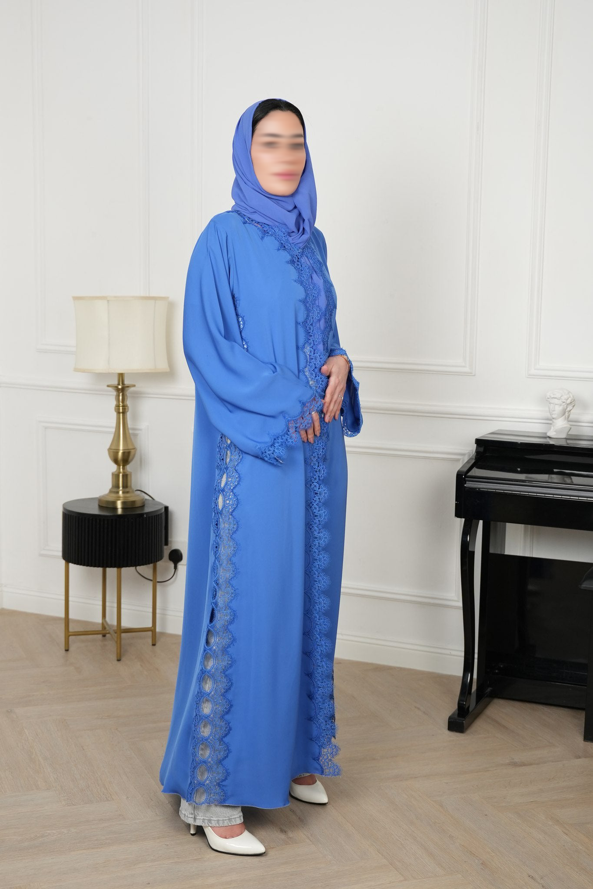 Sora Royal Blue Lace Abaya with matching sheila — Adara made-to-order abaya