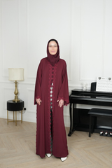 Mahra Burgundy Embroidered Abaya with matching sheila — Adara made-to-order abaya