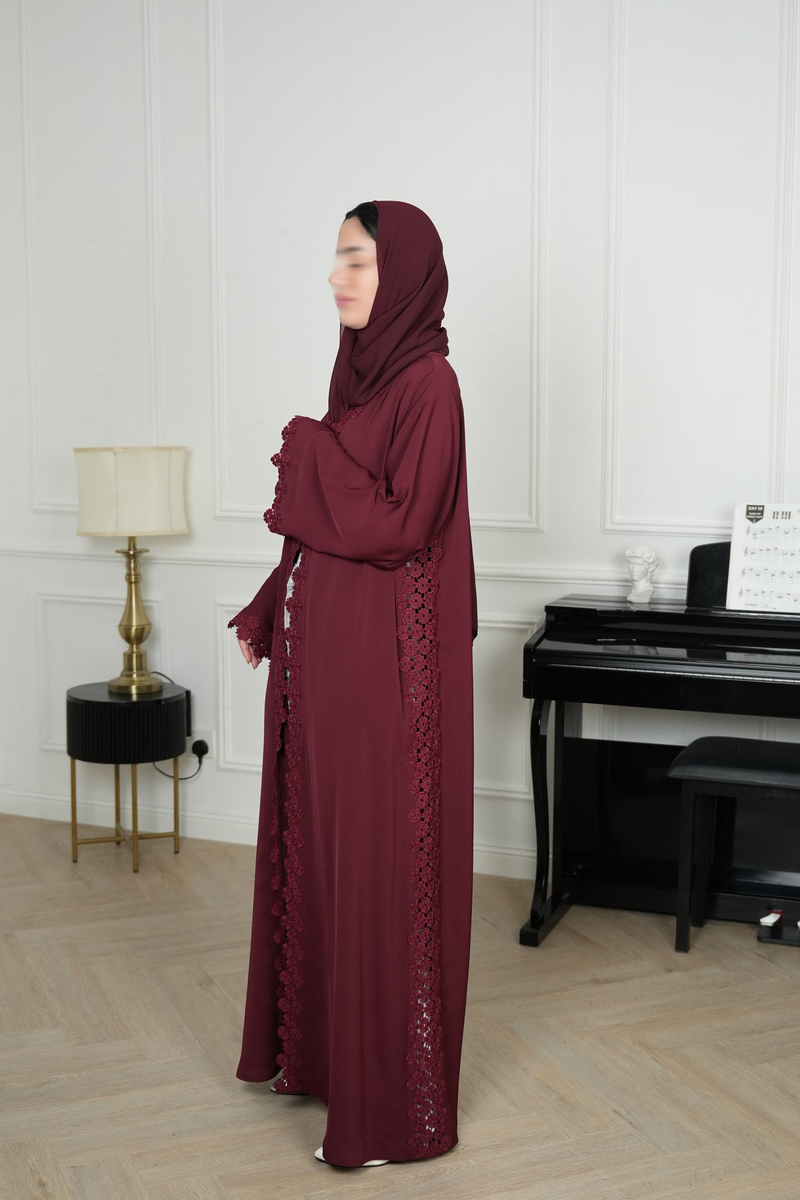 Mahra Burgundy Embroidered Abaya with matching sheila — Adara made-to-order abaya