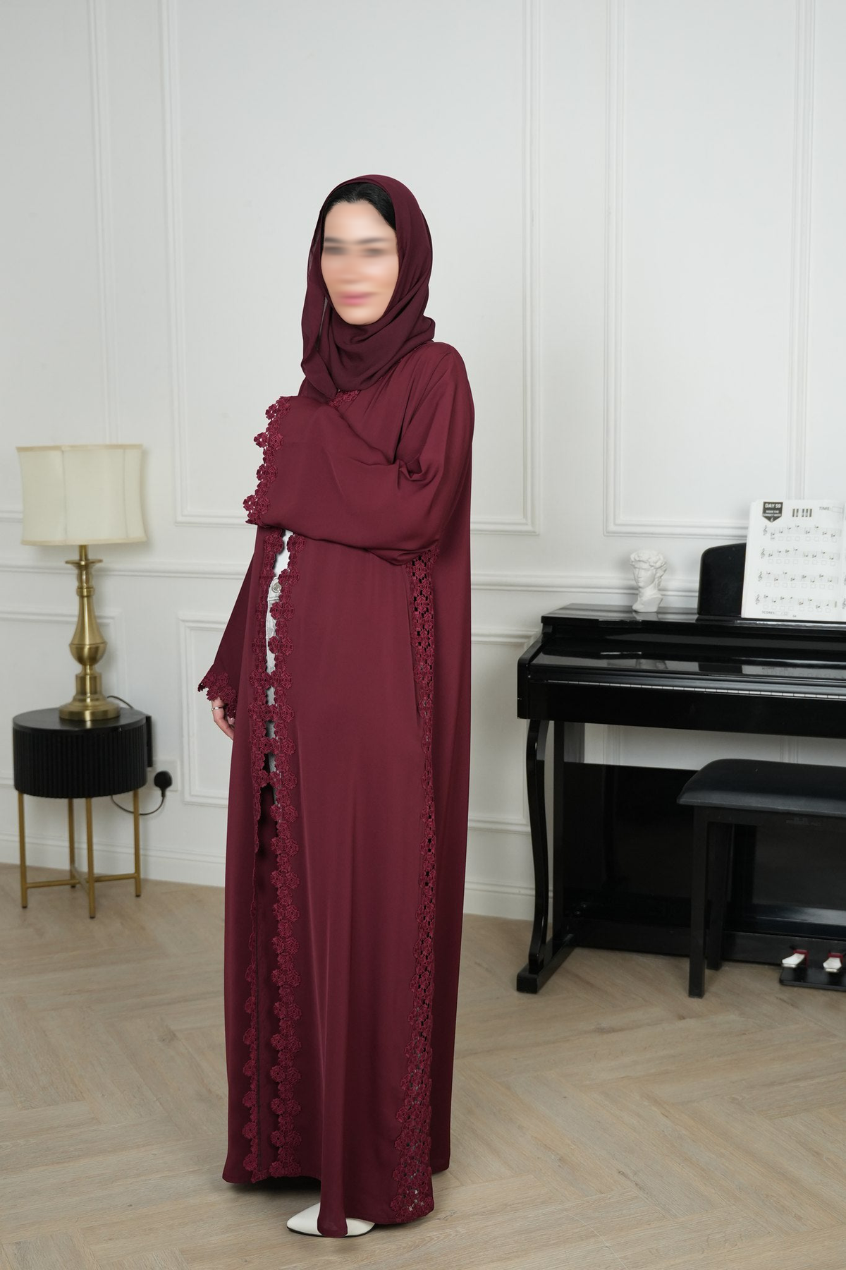 Mahra Burgundy Embroidered Abaya with matching sheila — Adara made-to-order abaya