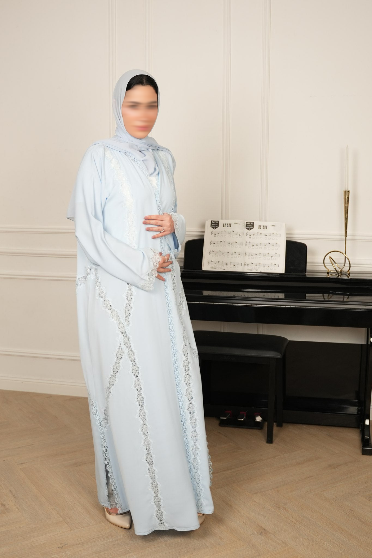 Enoir Ice Blue Lace Abaya with matching sheila — Adara made-to-order abaya