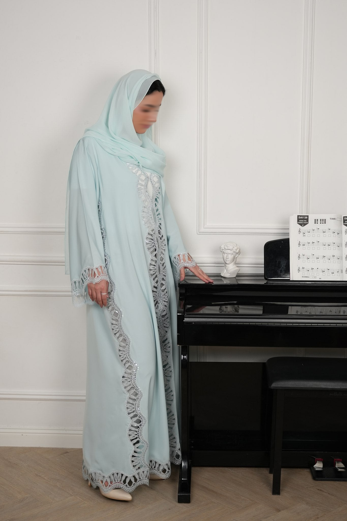 Lumi Pale Blue Lace Abaya with matching sheila — Adara made-to-order abaya