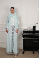 Lumi Pale Blue Lace Abaya with matching sheila — Adara made-to-order abaya