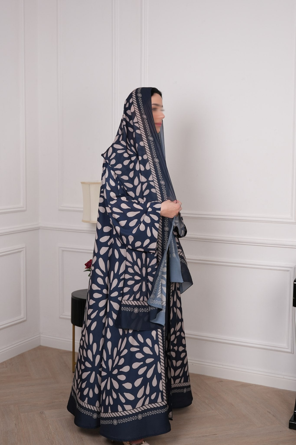 Motif Navy Abstract Print Abaya with matching sheila — Adara made-to-order abaya