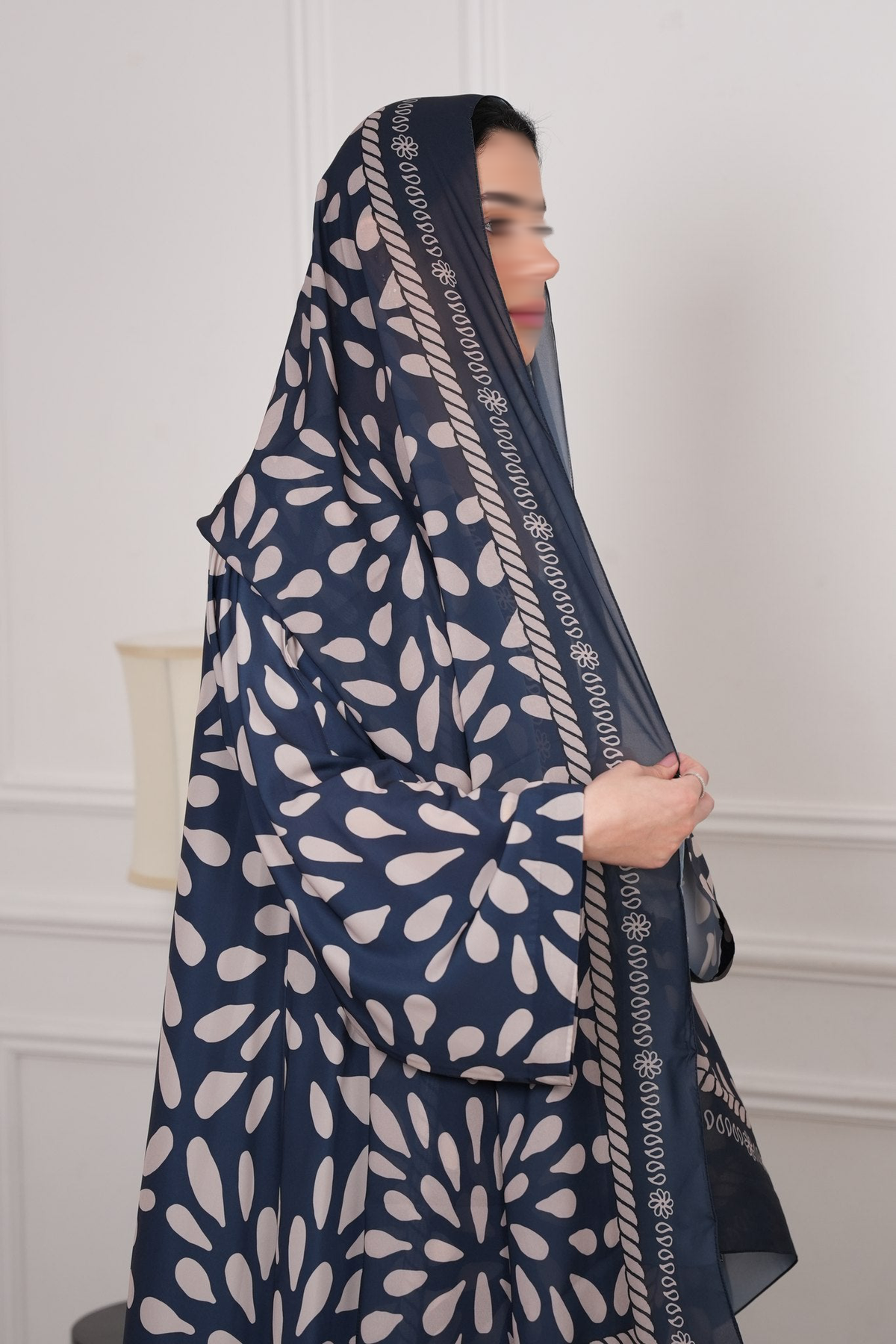 Motif Navy Abstract Print Abaya with matching sheila — Adara made-to-order abaya