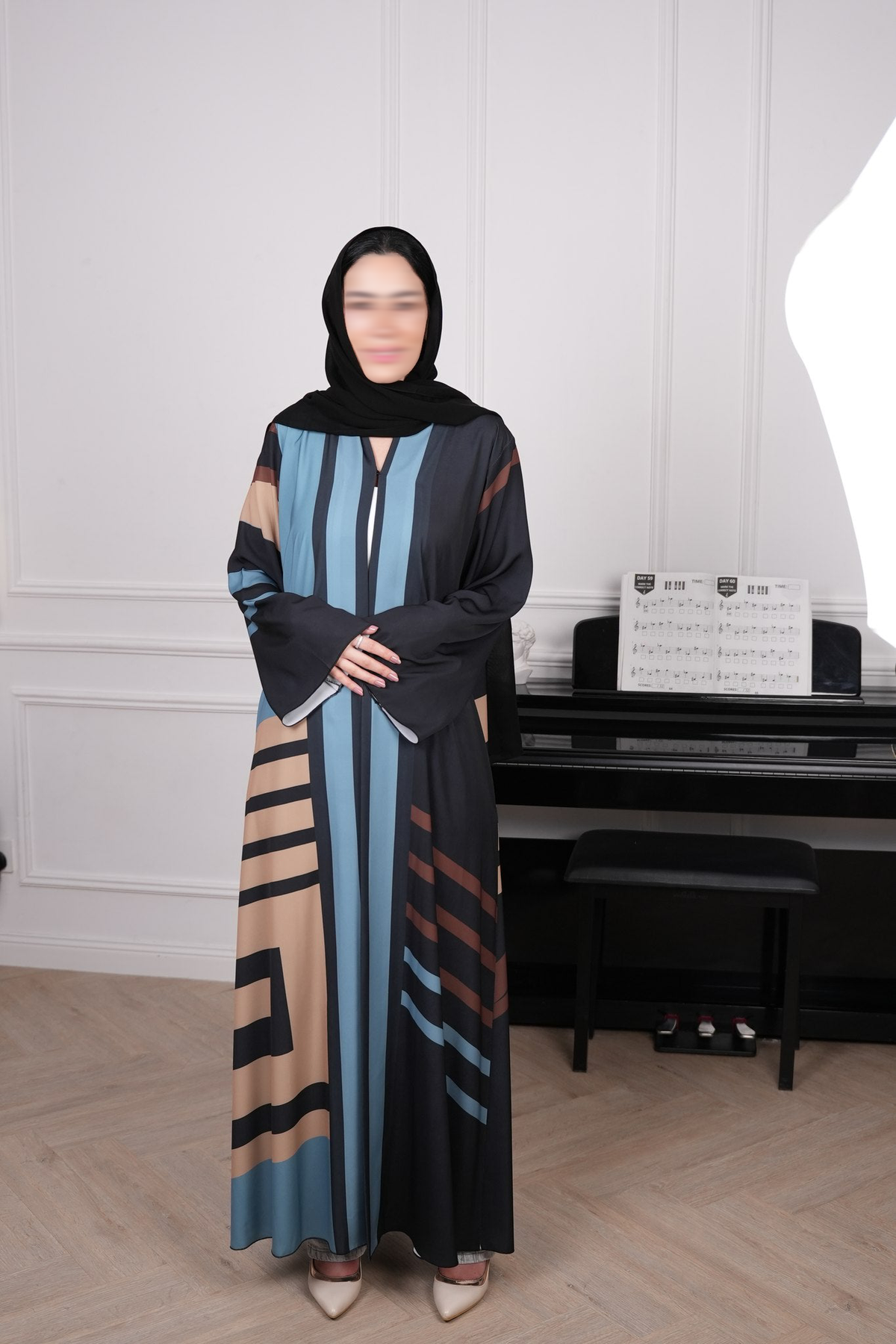 Geometra Multicolour Colour Block Abaya with matching sheila — Adara made-to-order abaya