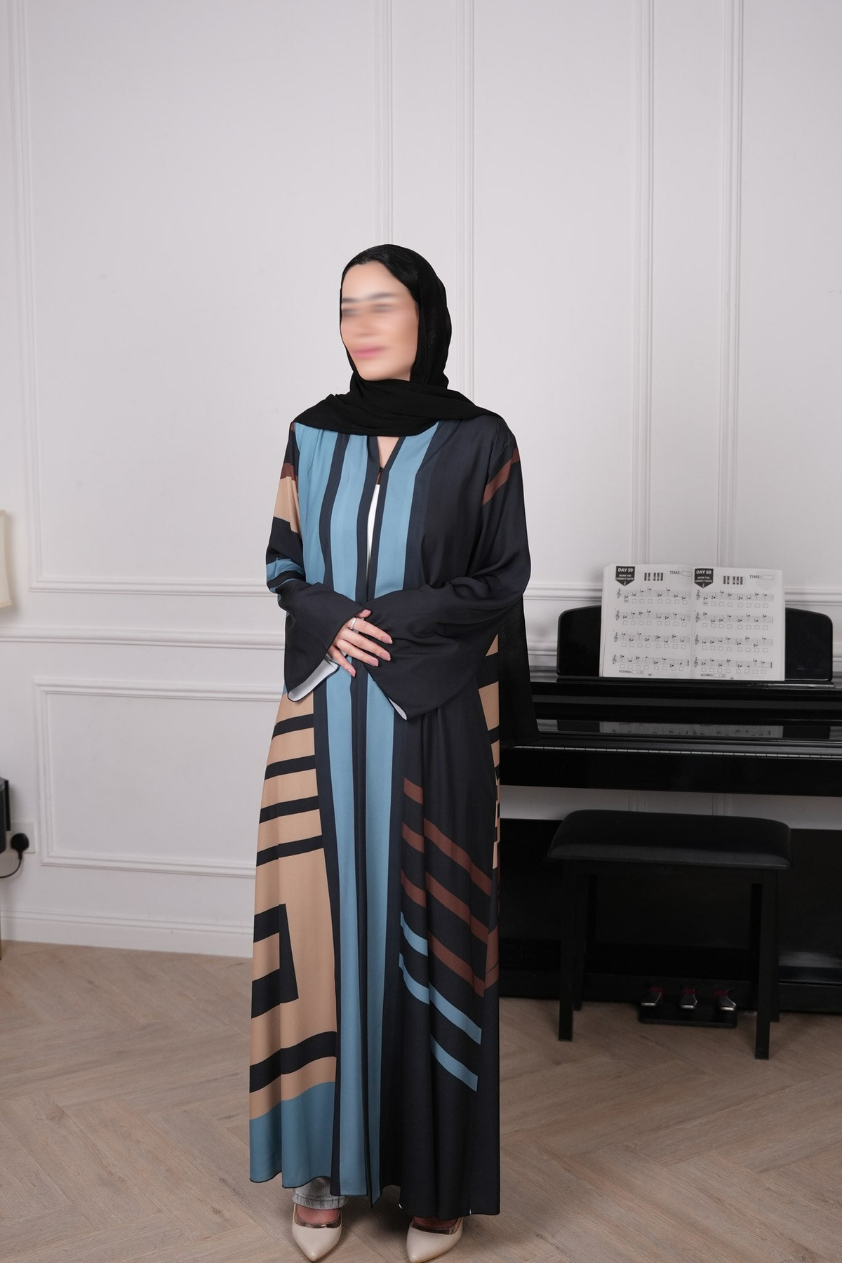 Geometra Multicolour Colour Block Abaya with matching sheila — Adara made-to-order abaya