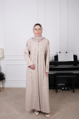 Ayla Champagne Beige Floral Embellished Abaya with matching sheila — Adara made-to-order abaya