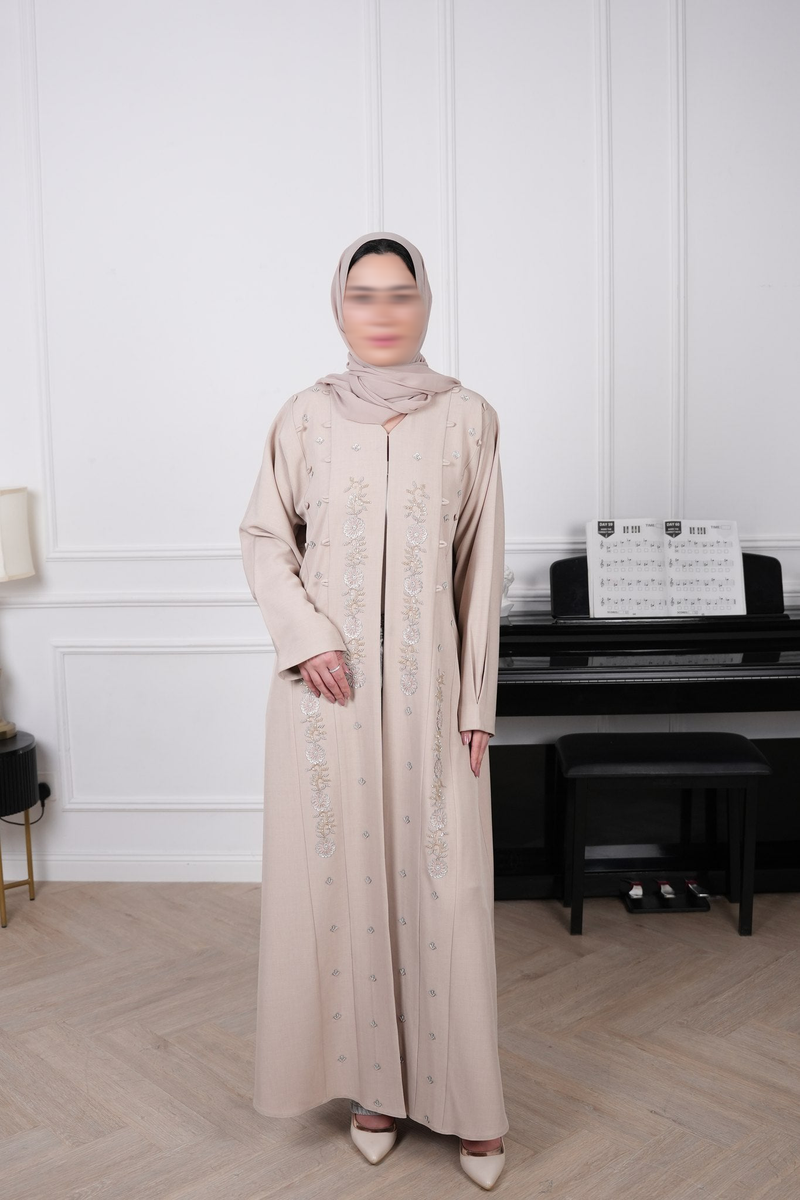 Ayla Champagne Beige Floral Embellished Abaya with matching sheila — Adara made-to-order abaya