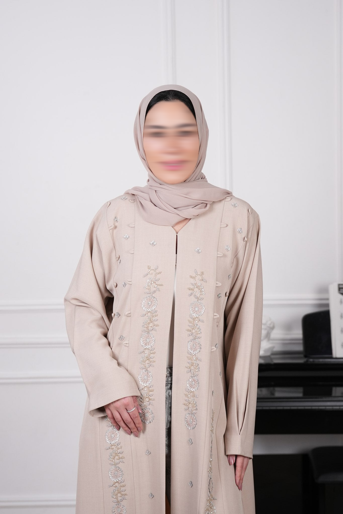Ayla Champagne Beige Floral Embellished Abaya with matching sheila — Adara made-to-order abaya