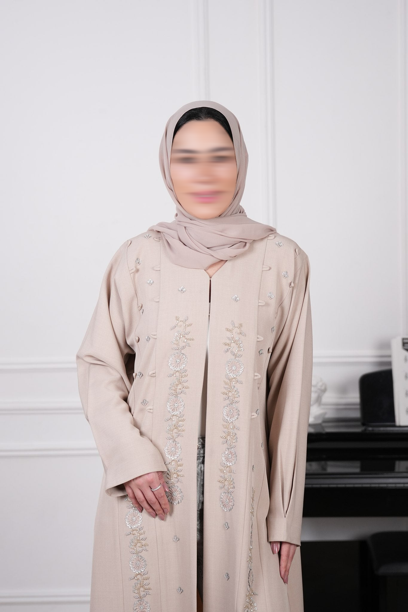 Ayla Champagne Beige Floral Embellished Abaya with matching sheila — Adara made-to-order abaya