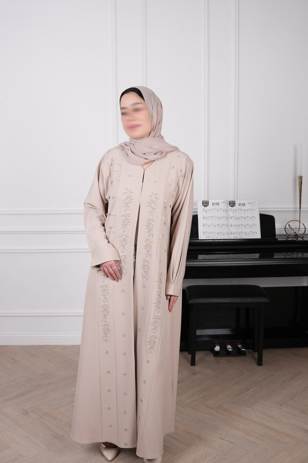 Ayla Champagne Beige Floral Embellished Abaya with matching sheila — Adara made-to-order abaya