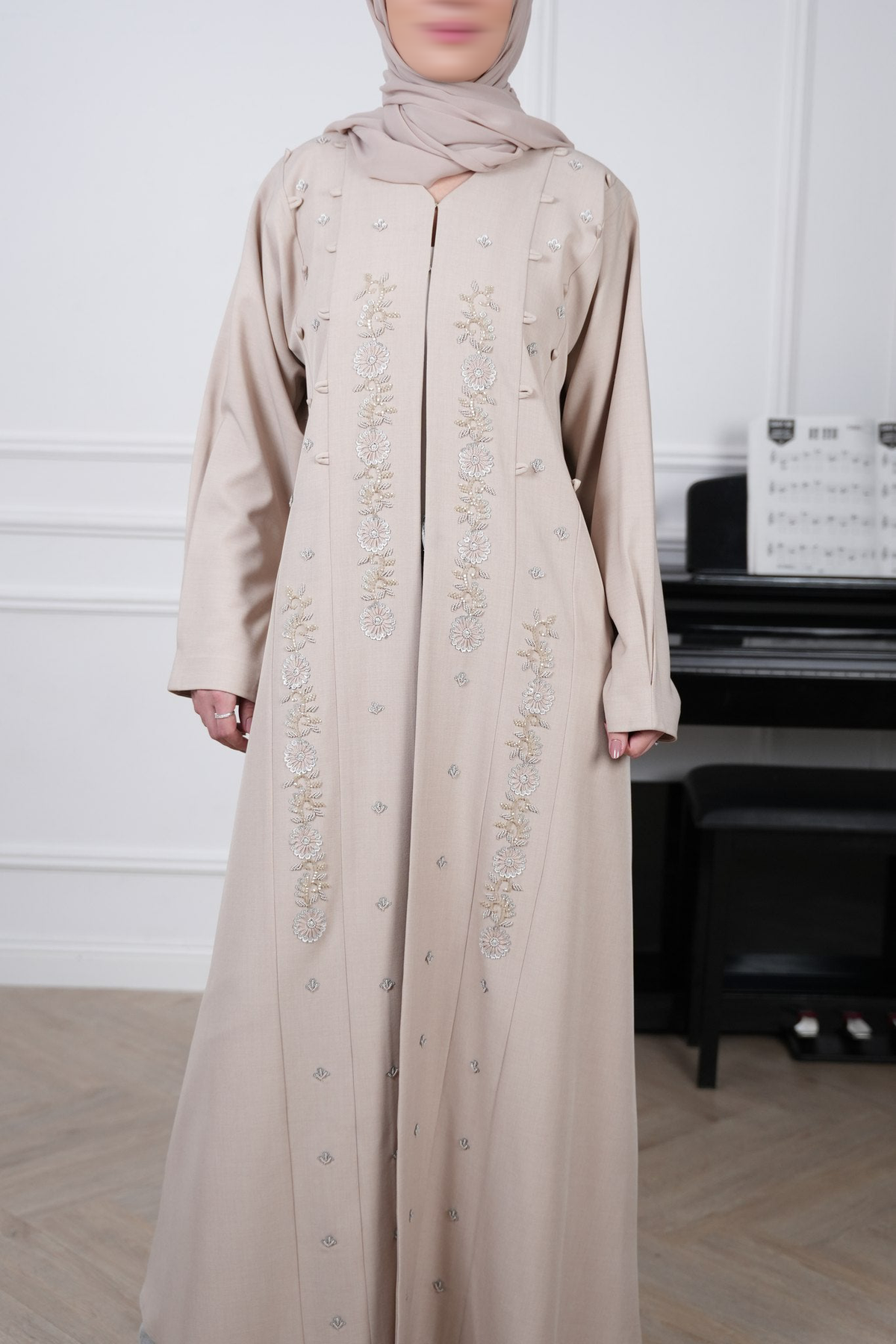 Ayla Champagne Beige Floral Embellished Abaya with matching sheila — Adara made-to-order abaya