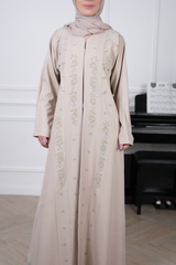 Ayla Champagne Beige Floral Embellished Abaya with matching sheila — Adara made-to-order abaya