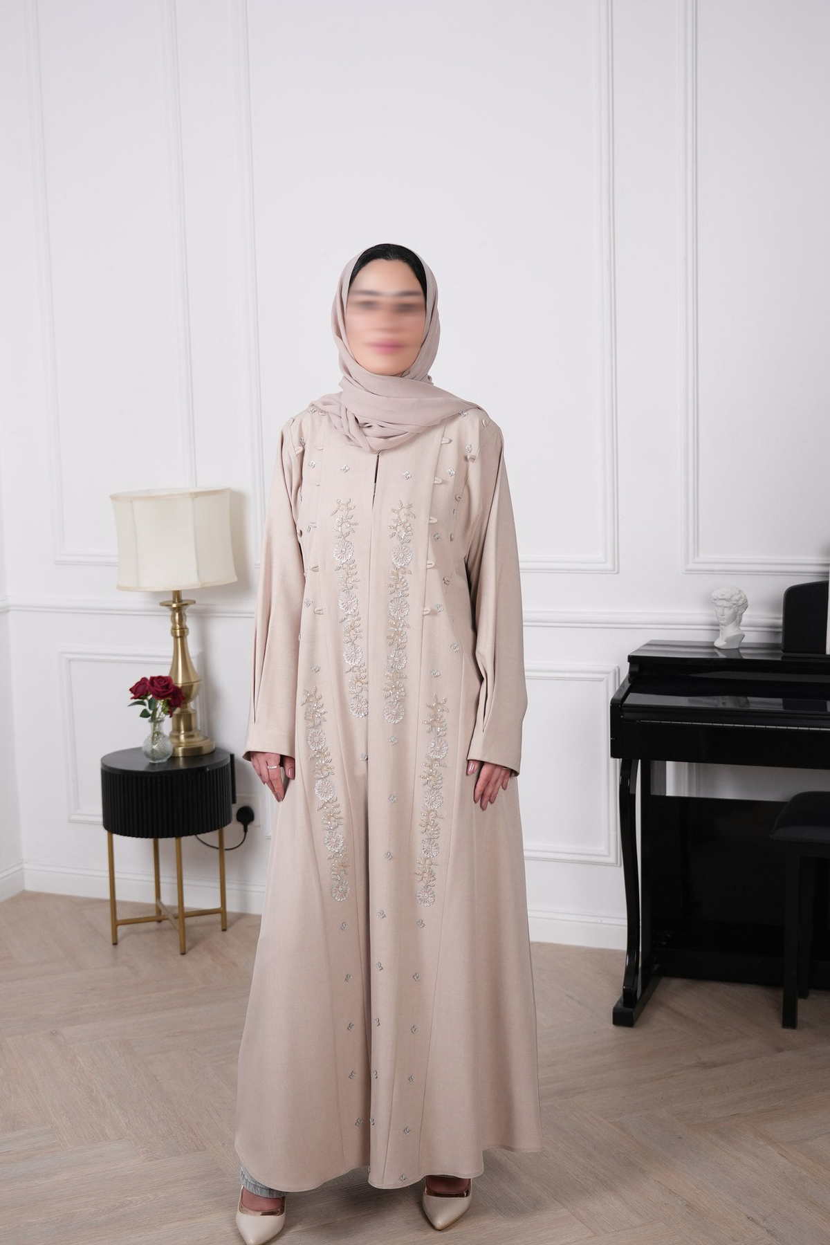 Ayla Champagne Beige Floral Embellished Abaya with matching sheila — Adara made-to-order abaya