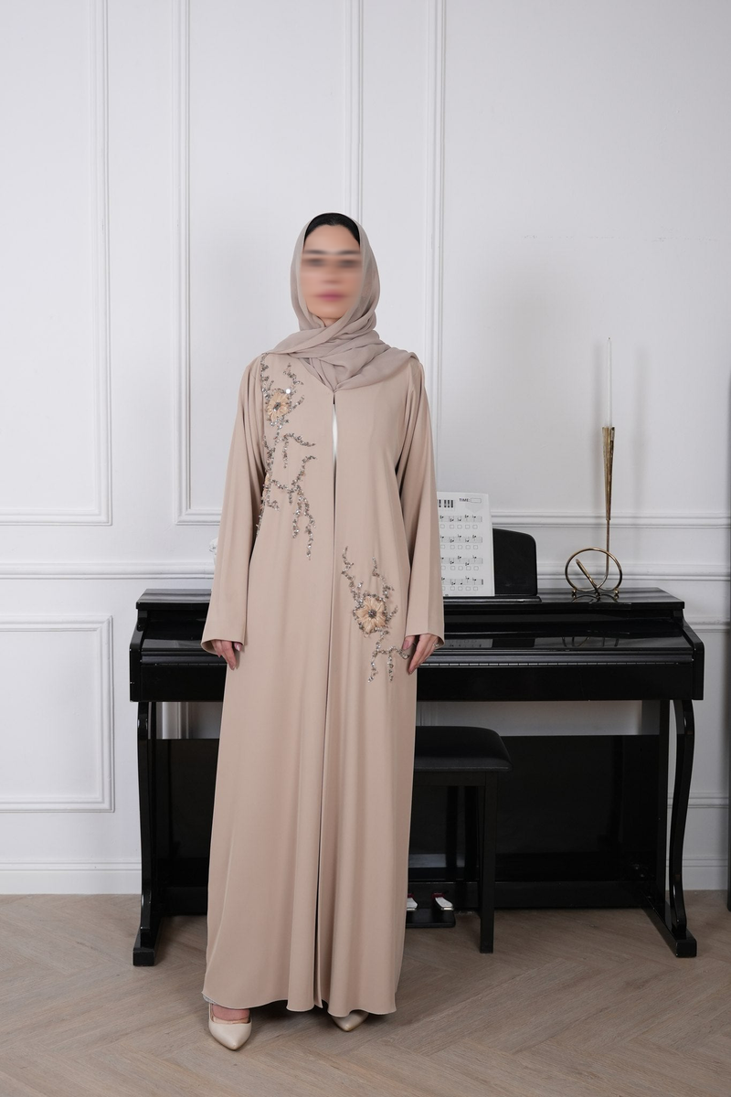 Rosa Light Beige Floral Embellished Abaya with matching sheila — Adara made-to-order abaya
