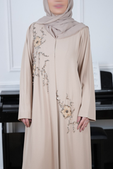 Rosa Light Beige Floral Embellished Abaya with matching sheila — Adara made-to-order abaya