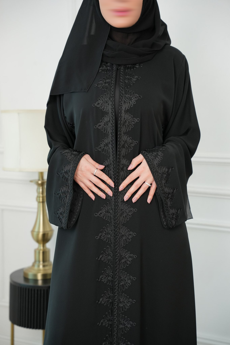 Amara Black Moroccan Embroidered Abaya with matching sheila — Adara made-to-order abaya