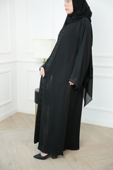 Amara Black Moroccan Embroidered Abaya with matching sheila — Adara made-to-order abaya