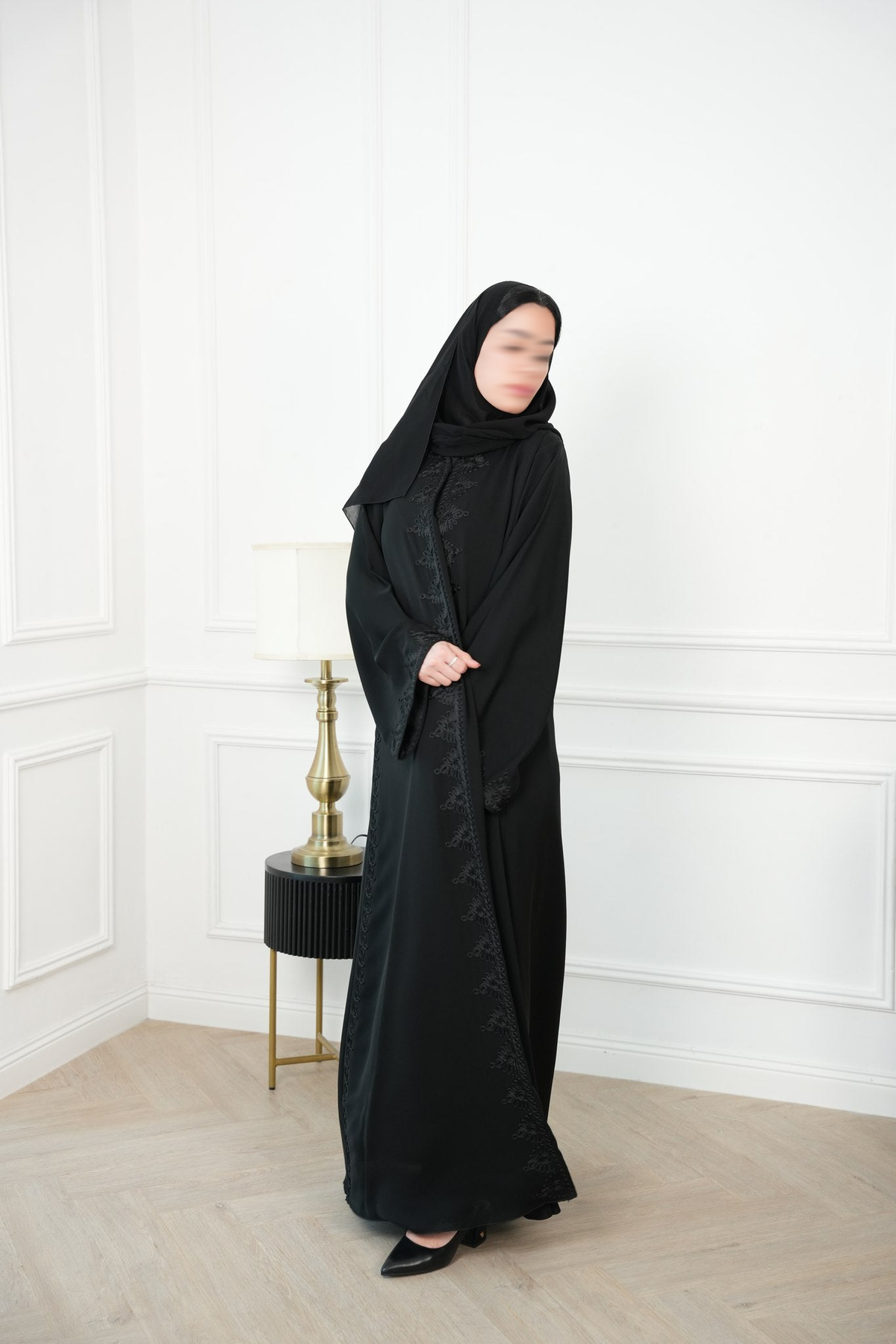 Amara Black Moroccan Embroidered Abaya with matching sheila — Adara made-to-order abaya