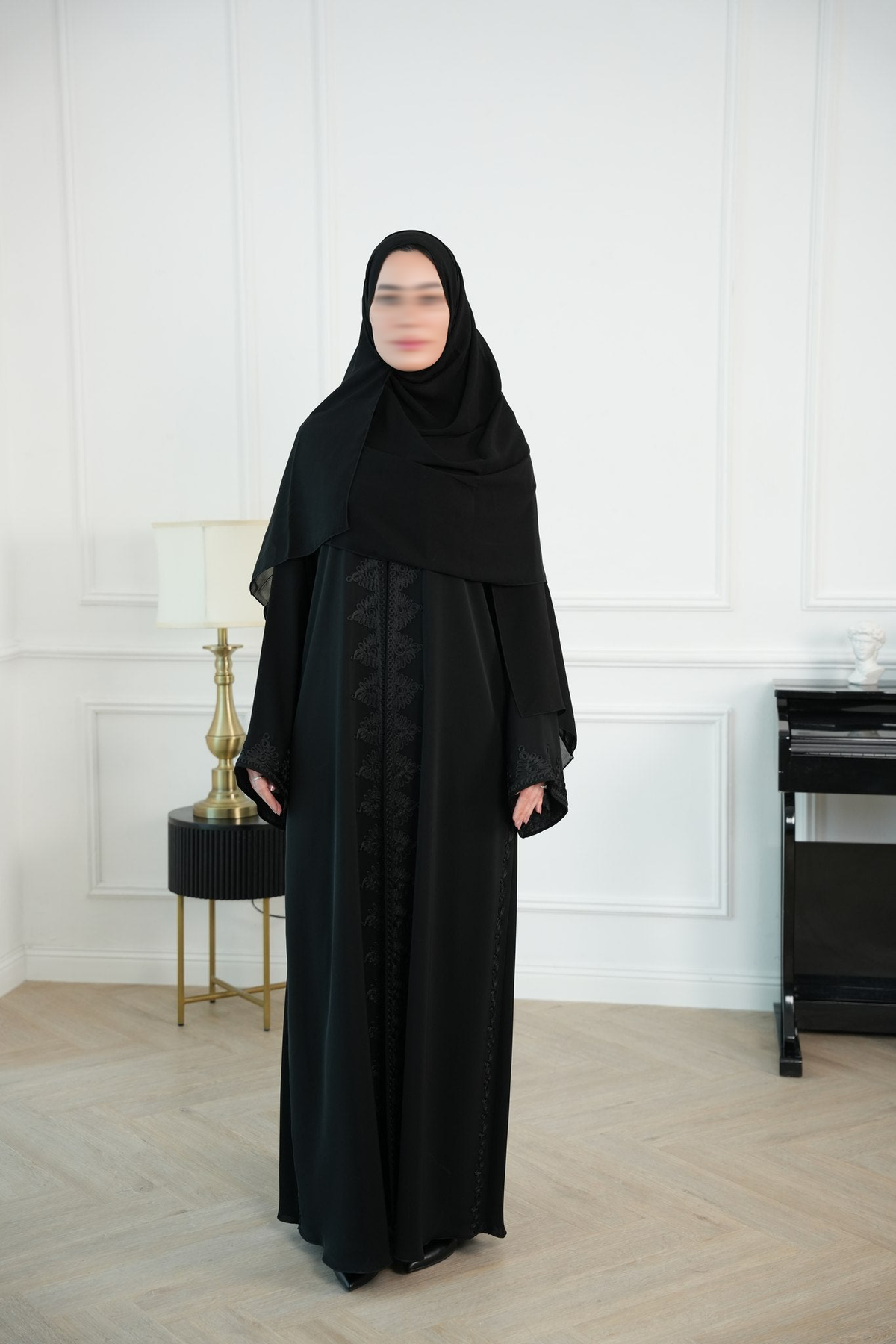 Amara Black Moroccan Embroidered Abaya with matching sheila — Adara made-to-order abaya