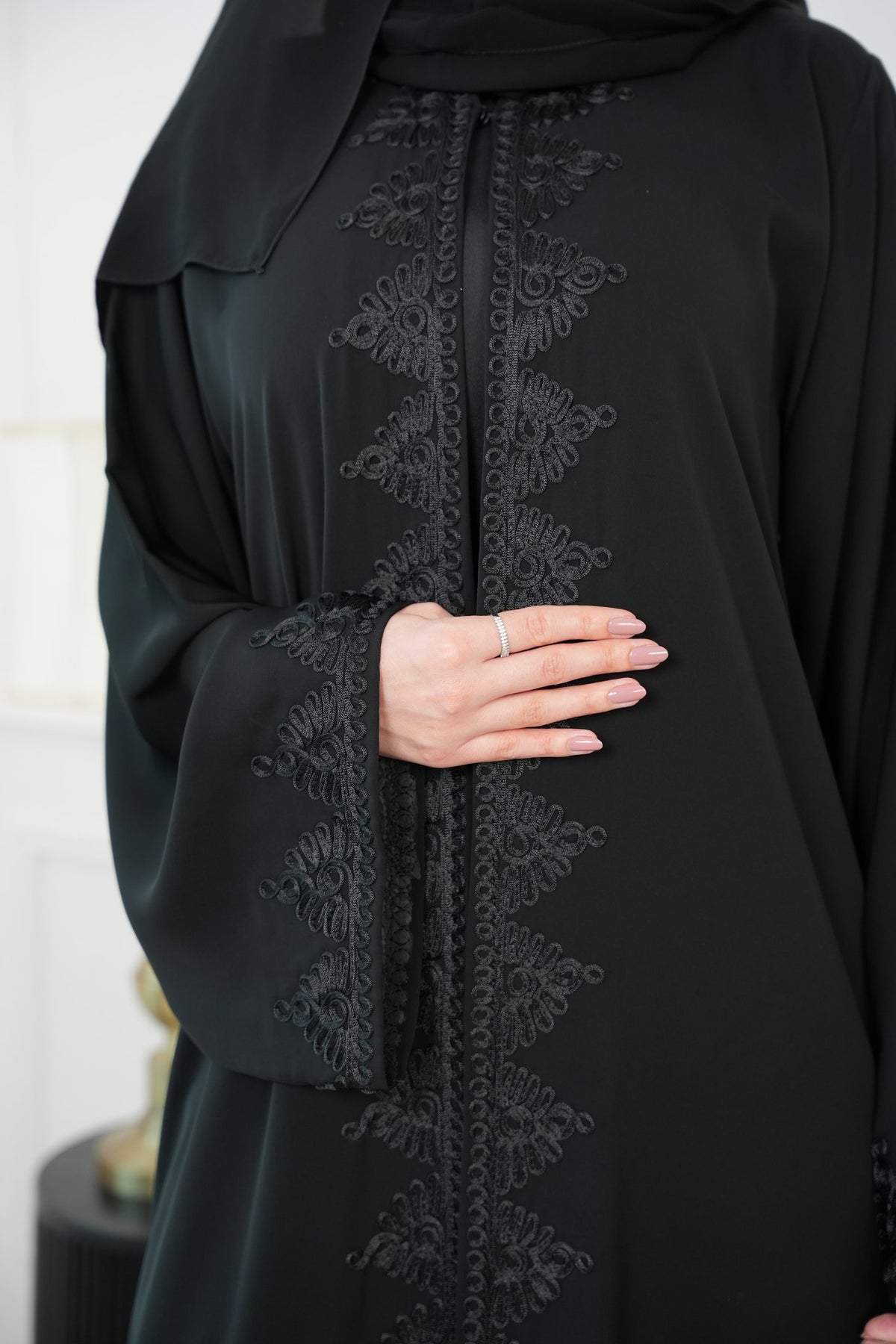 Amara Black Moroccan Embroidered Abaya with matching sheila — Adara made-to-order abaya