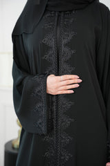 Amara Black Moroccan Embroidered Abaya with matching sheila — Adara made-to-order abaya