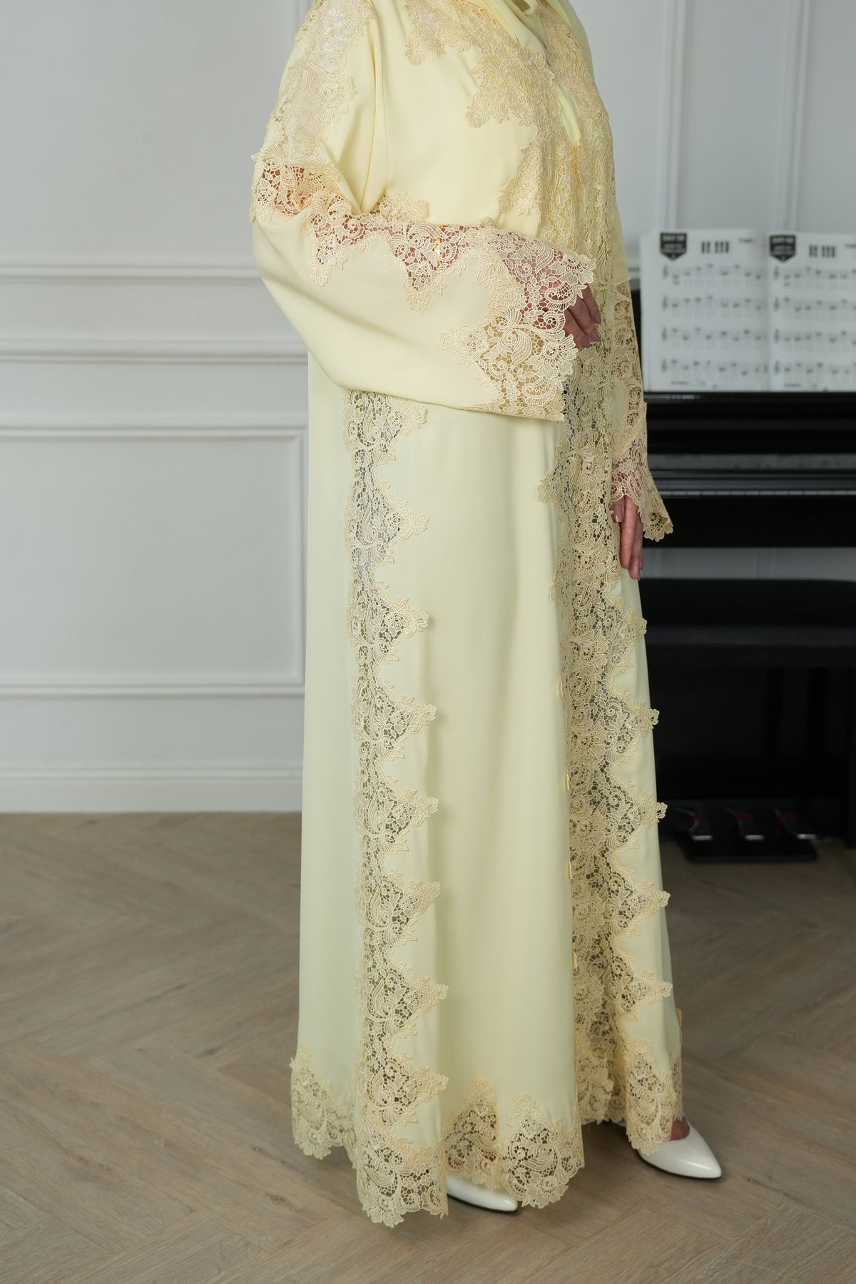 Lemon Drop Butter Yellow Lace Abaya with matching sheila — Adara made-to-order abaya