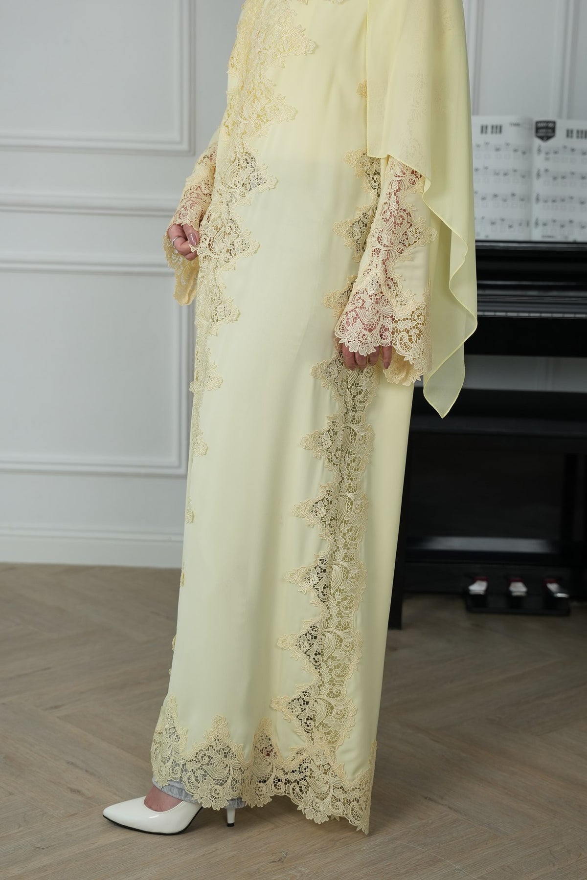 Lemon Drop Butter Yellow Lace Abaya with matching sheila — Adara made-to-order abaya
