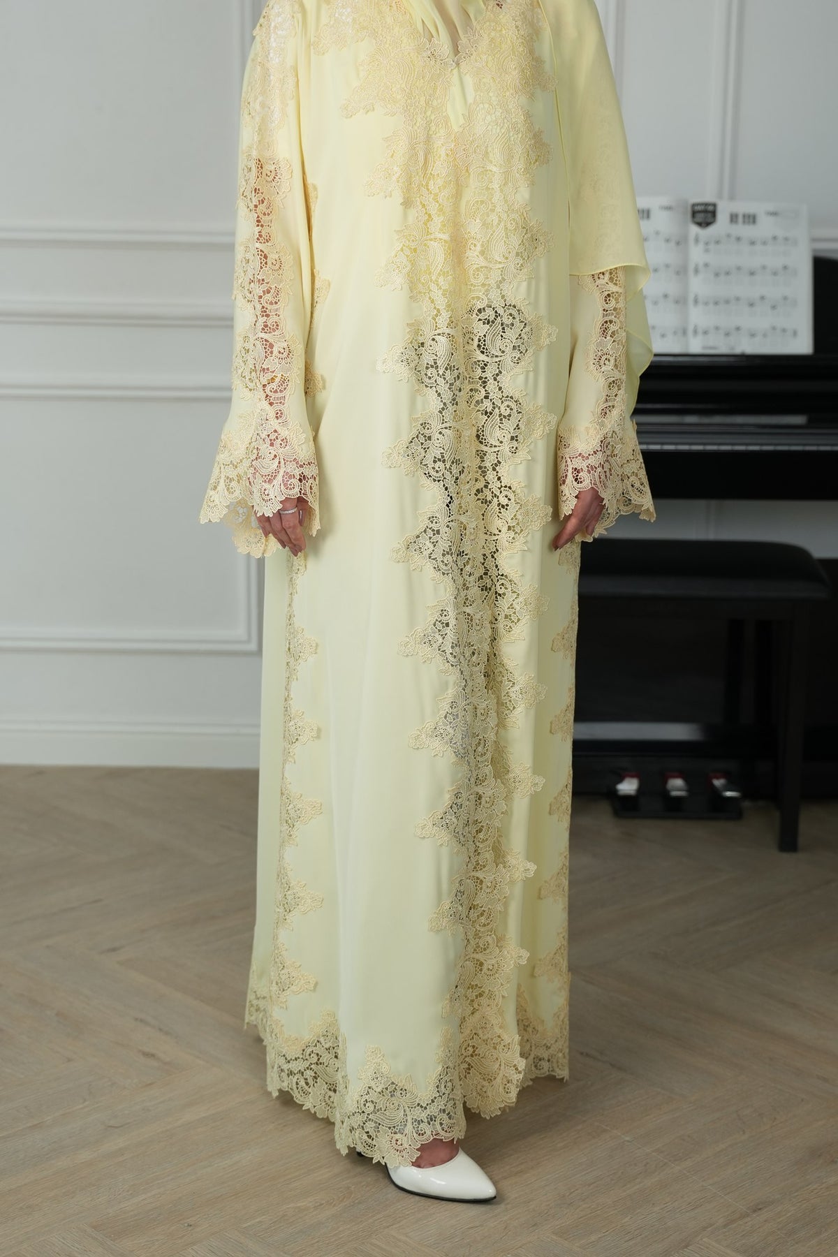 Lemon Drop Butter Yellow Lace Abaya with matching sheila — Adara made-to-order abaya